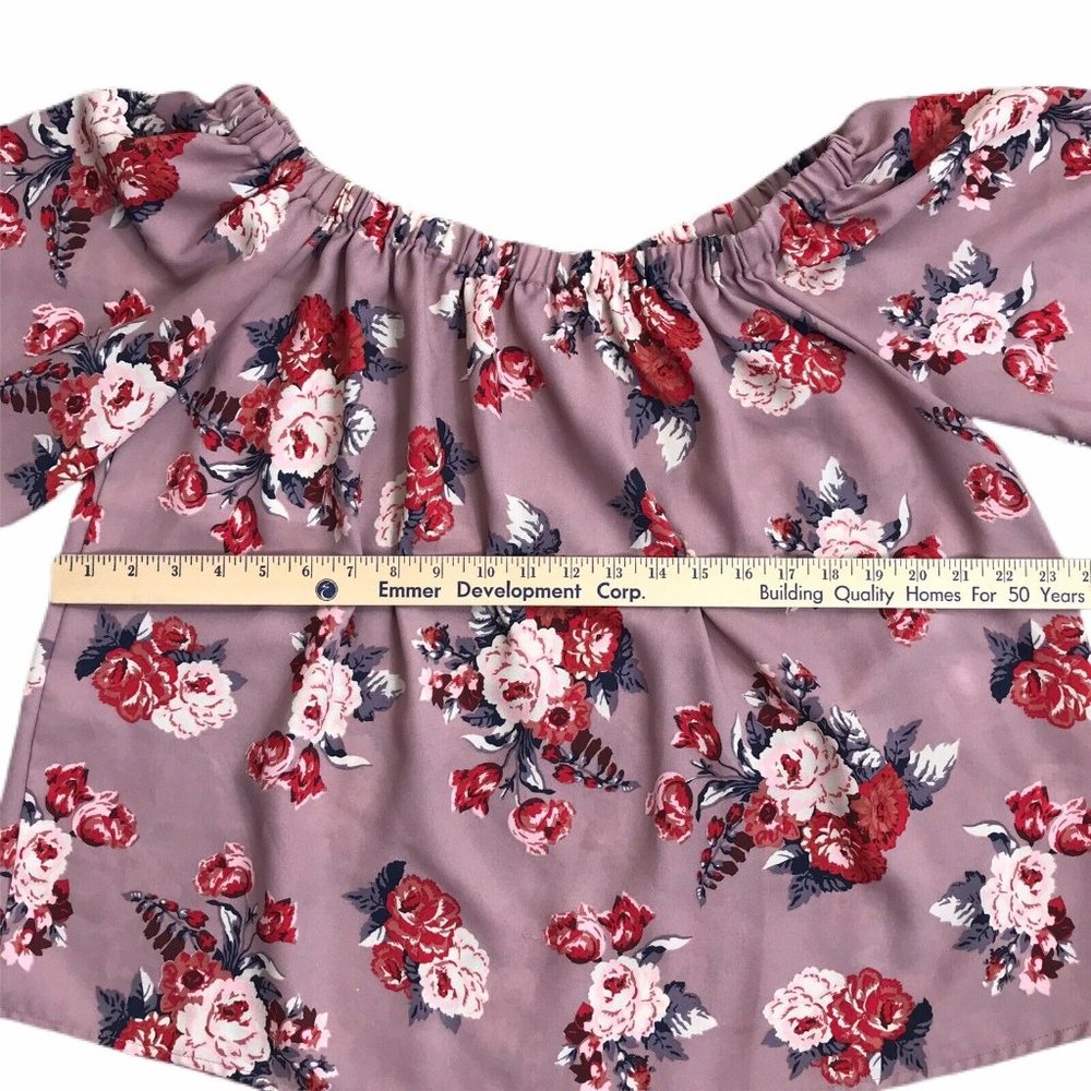 Womens Juniors Sheer Blouse Mauve Floral Large L Off Shoulder Flutter Sleeve - Picture 3 of 11